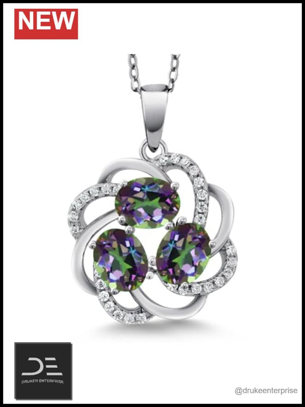 3-Stone Oval Gemstone Pendant Necklace with Chain 925 Sterling Silver